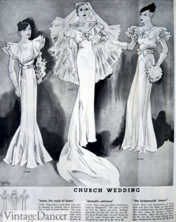 1933 bride and bridesmaids in floor length dresses