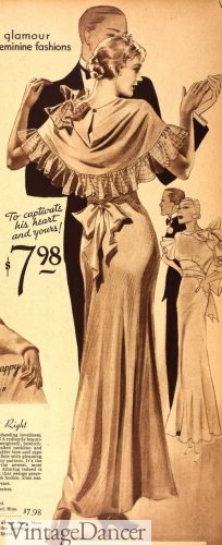 1930s ruffled edge detachable cape over evening dress