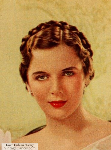 1930s long hair with braids, milkmaid braids updo