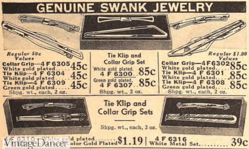 1934 mens collar grips, tie bars 1930s jewelry