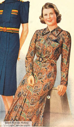 1930s paisley print fabric dress material in browns