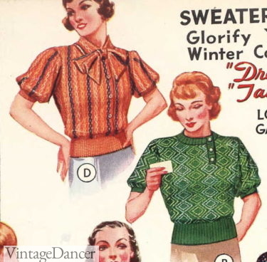 1930s women puff sleeve sweater-blouses short sleeve knit tops