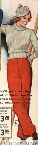 1930s red ski pants with roll neck sweater winter outfit at VintageDancer