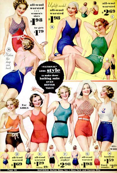 1930s colorful swimsuits, 1934 bathing suits women girls ladies