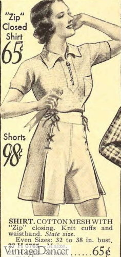 1930s tennis outfit, shorts and zip polo shirt women girls