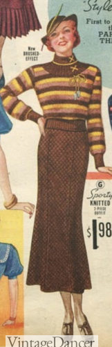 1930s check skirt with stripe knit sweater-blouse outfit for fall at VintageDancer