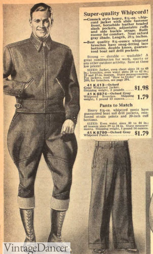 1930s mens work outfit with breeches, jacket and tall lace up boots