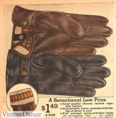 1930s mens winter knit lined snap wrist gloves
