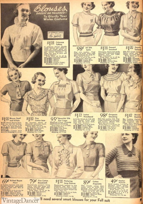 1935 teen blouses in white, red, blue, rosy-pink, and yellow