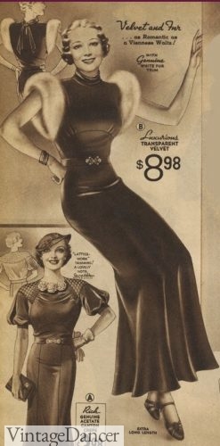 1935 Velvet and fur trim bias gown