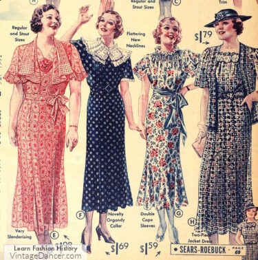 1930s voile fabric spring print polka dot and floral dresses