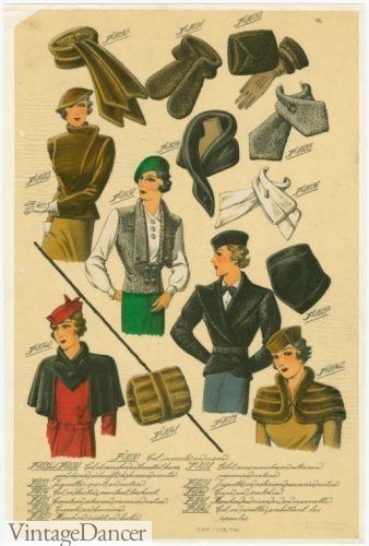 1930s, various scarf, wrap and cape styles for winter.