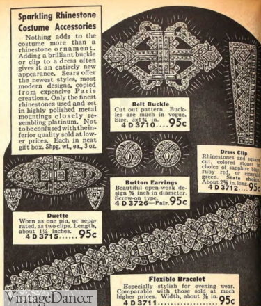1930s rhinestone jewelry brooch belt buckle earrings 30s evening jewelry