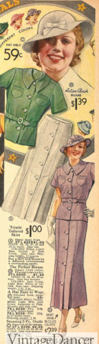 1930s linen skirt and blouses (matching or contrasting ) with built in belt and straw hat outfit 1936 at VintageDancer