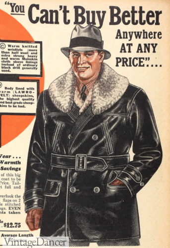 1930s men leather outer, shearling dinner coat