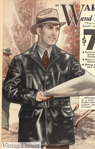 1930s mens belted Mackinaw style leather jacket