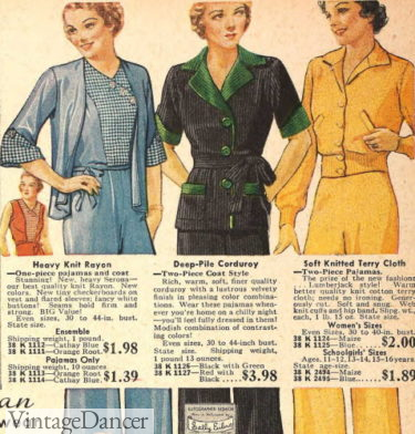 1930s sleepwear 1936 knit rayon, corduroy, and terry cloth pajamas
