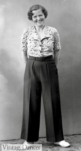 1936 wide leg pants and floral blouse