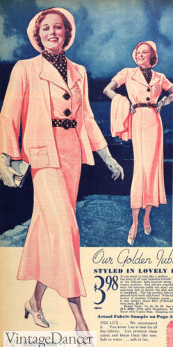 1930s, spring outfit - a belt, big buttons, neck scarf accent this 2 peice peachy-pink dress. 1930s outfits at VintageDancer