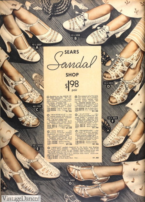 1936 women's sandal heels shoes white summer 1930s footwear