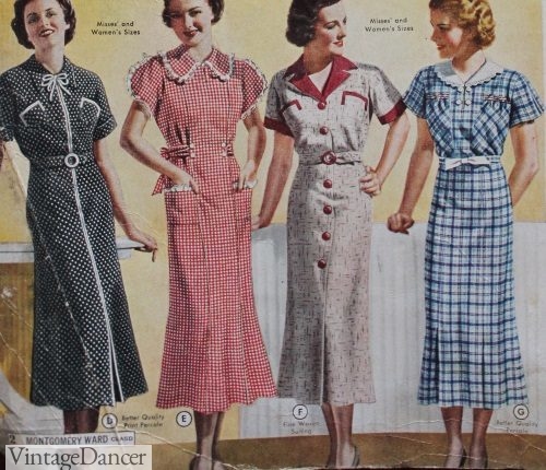 1937 day dresses: dots, checks, tweed and plaid.
