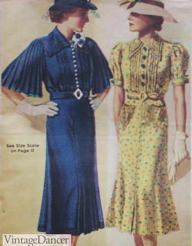 1930s pretty shirtwaist dresses (non function on the Right, functional on the LEft) 1937