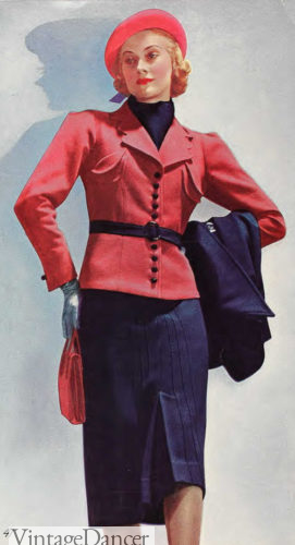 1930s fashion for women 1937 red and blue suit outfit