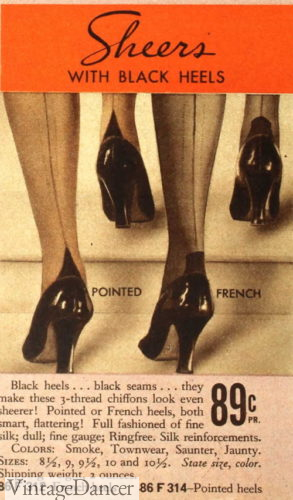 1930s pointed heel and French heels with black seams stockings womens 1930s hosiery