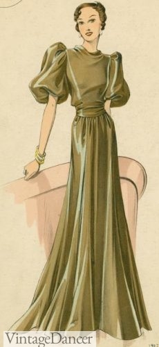1930s balloon sleeve green evening dress formal gown