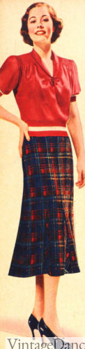 1937 plaid skirt with red silk blouses