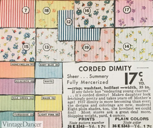 1930s fabrics, summer corded dimity in pastels or flower prints on white ground