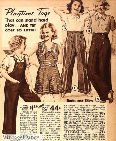 1930s girls overalls, playsuit, trousers, pants casual clothing fashion 