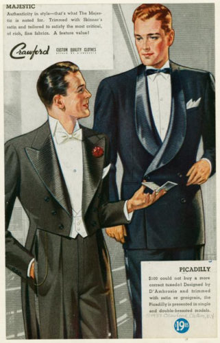 1930s mens tuxedos formal wear evening attire White tie formalwear (L) and shawl collar tuxedo (R)