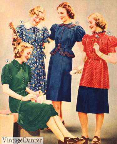 Red blue green dresses 1930s fashion for teens teenagers teenage girls