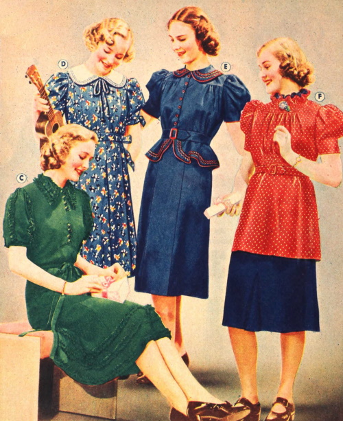 Red blue green dresses 1930s fashion for teens teenagers teenage girls