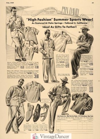 1938 John David men's sport shirts, jackets (cuban and bush), pants and shoes