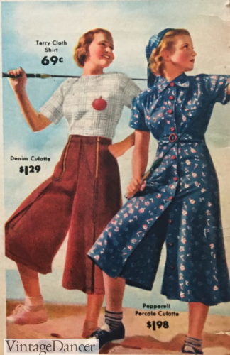 1930s twill culottes and rayon culottes with overdress