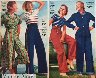 1930s summer outfits. 1938 culottes, pants with polo shirt, pants with t-shirt, pant suit. 1930s outfits at VintageDancer