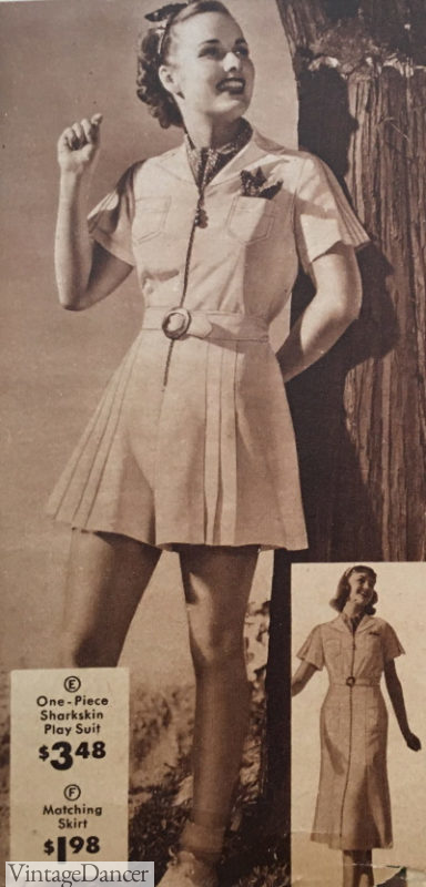 1930s playsuit or gym suit for women with pleated tennis shorts. 1930s outfits at VintageDancer
