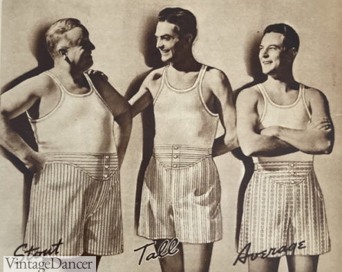 1930s mens boxer style underwear in large plus size stout, tall and average sizes