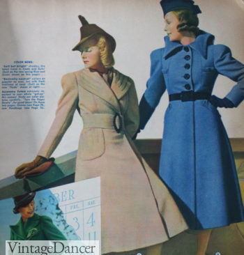 1930s wrap coat with belt and blue princess coat at VintageDancer