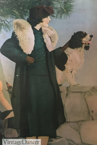 1930s cream fluffy fur collar on a green box coat (cute dog!) at VintageDancer