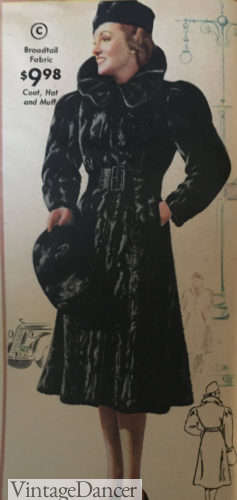 1930s black fur belted coat at VintageDancer