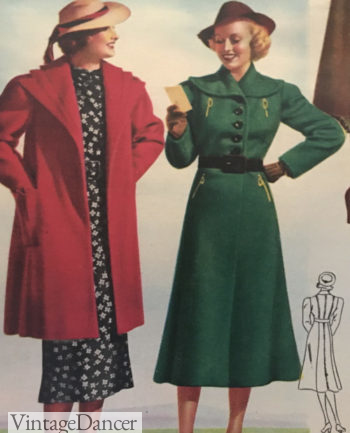 1930s green swing coat and red swagger at VintageDancer