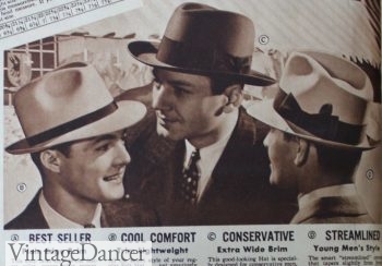 Men's 30s hats: 1938 homburg hat in the center, fedoras on the outsides
