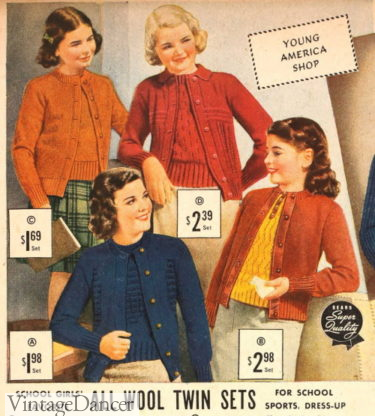 1938 cardigan twin sets for girls and teens tweens