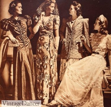 1930s ruched, floral and ribbon gossamer ballgowns
