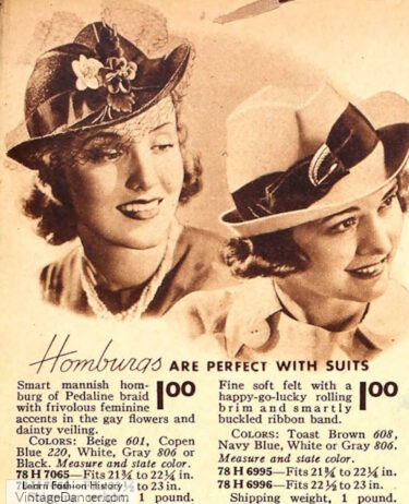 1938 ladies Homburg hats 1930s 