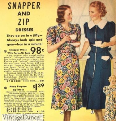 1938 zip or snap-button front house dresses