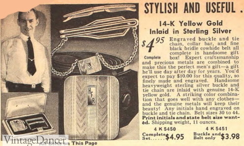 1938 position of tie chain 1930s collar bar belt buckle jewelry set